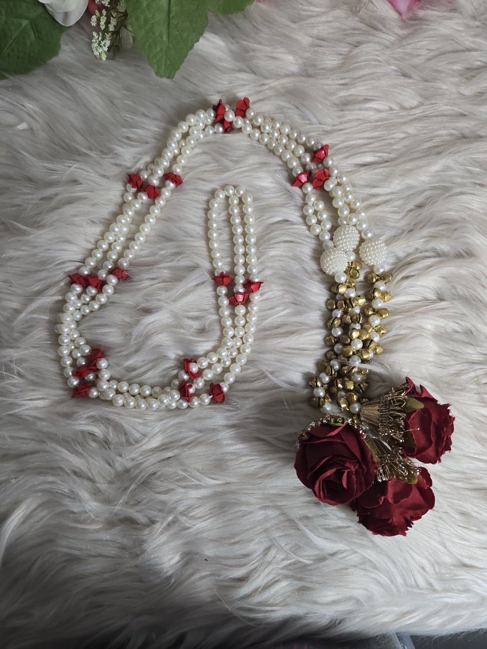 Elegant Pearl and Red Floral Kashmiri Paranda
